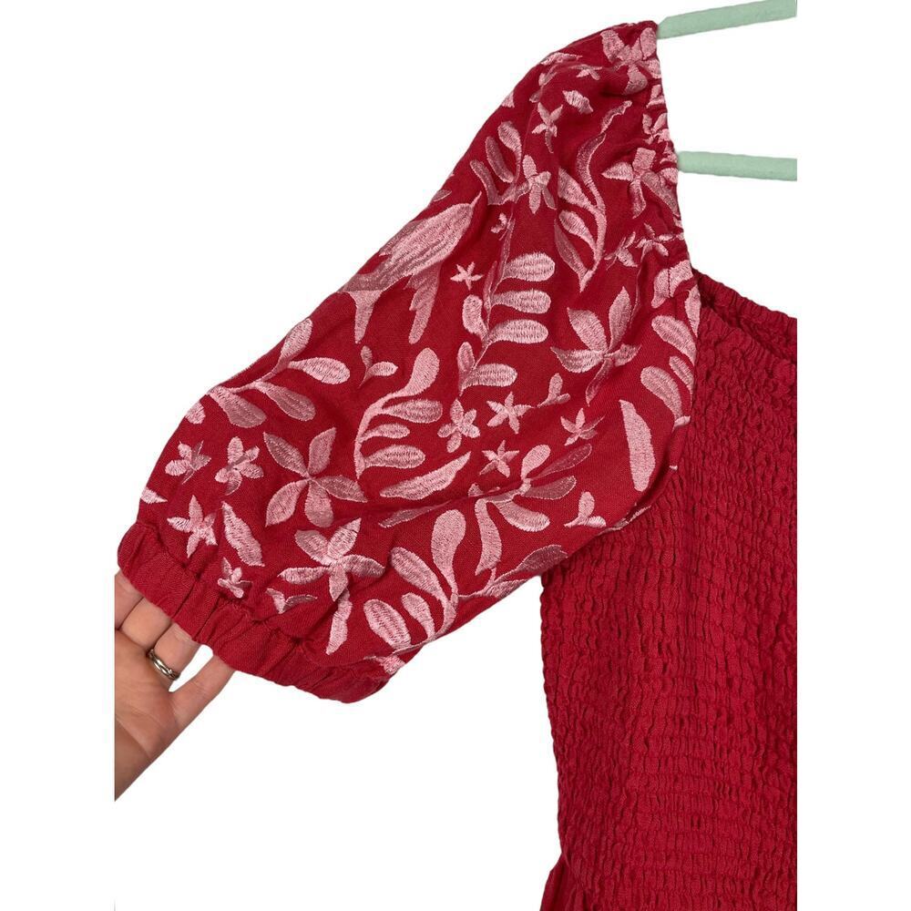 MerSea Voyageur 100% Linen Dress XL Red Embroidered Puff Sleeve Mini Beachy - Picture 5 of 12